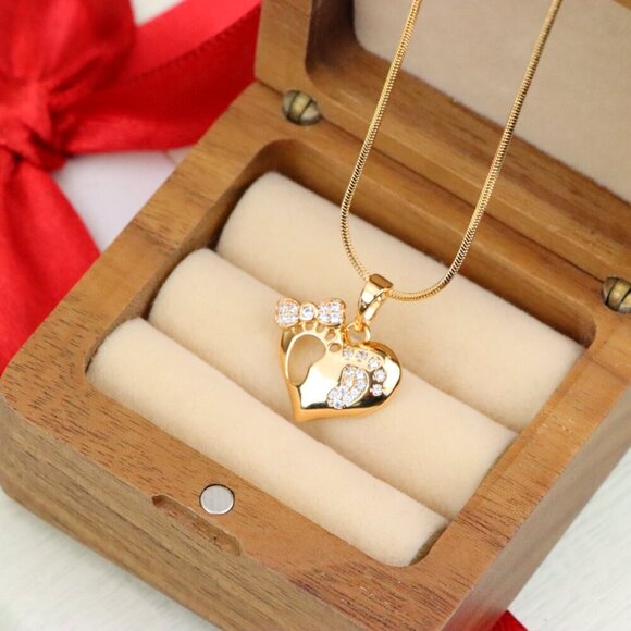 "Rose Gold Baby Footprint Heart Pendant with Sparkling CZ Accents, XPPT1249 - Picture 10 of 12